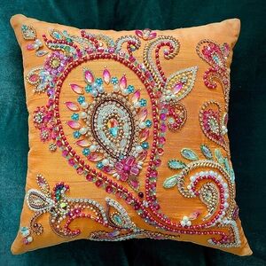 Embellished Orange Decorative Pillow. Ameynra design. 15x15 inches Handwork OOAK